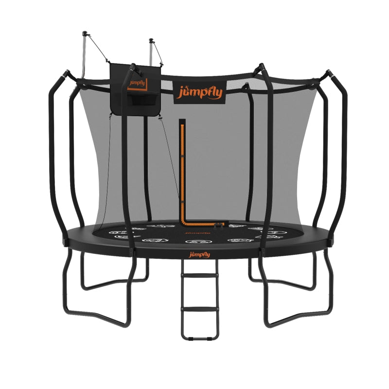 JumpFly round outdoor trampoline used in a 10FT, 12FT and 14FT size comparison guide