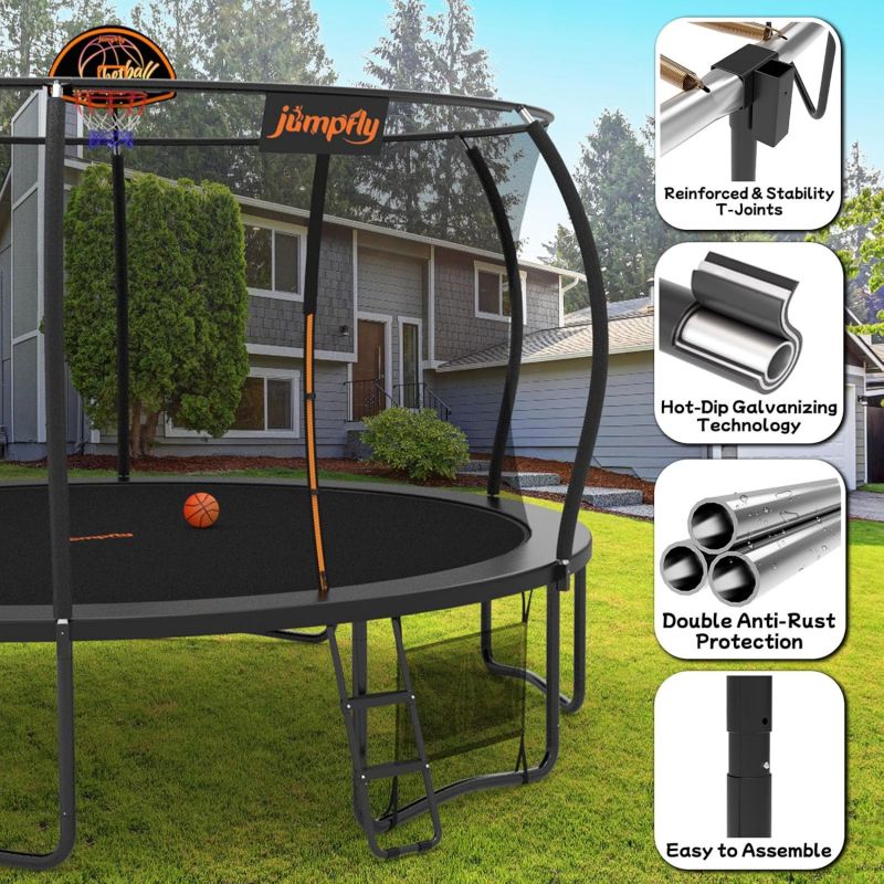 12FT Jumpfly trampoline with safety net and basketball hoop in backyard setting.