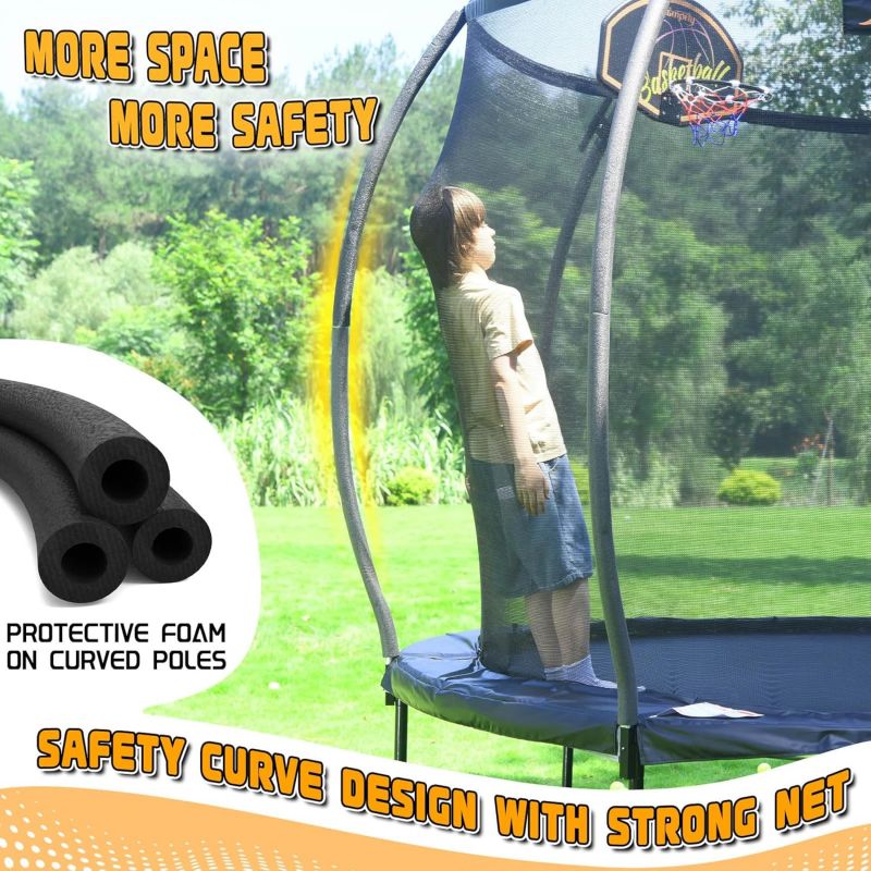 Trampoline with safety curve design and protective foam on curved poles.