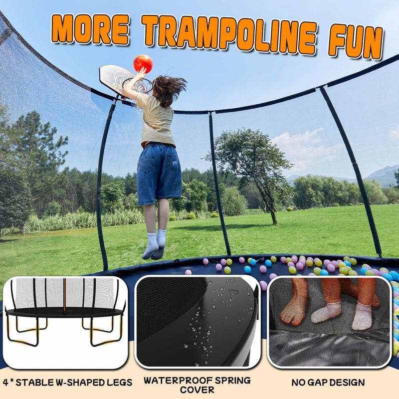 Child shooting hoops inside 14FT trampoline with safety net and outdoor fun features.