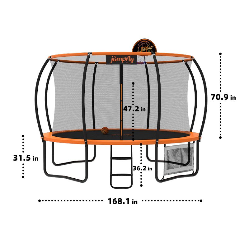 14FT Jumpfly trampoline dimensions showing basketball hoop and safety net