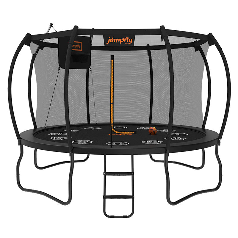 2024 Jumpfly trampoline with basketball hoop and safety net for backyard fun