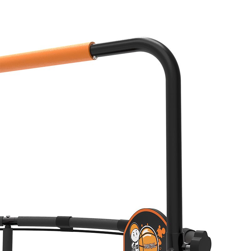 Close-up of orange safety handle on 5 FT Monkey Bar Trampoline for kids' safety.