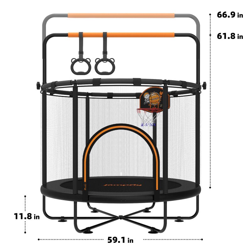 5 FT Monkey Bar Trampoline dimensions with safety hoop and climbing features