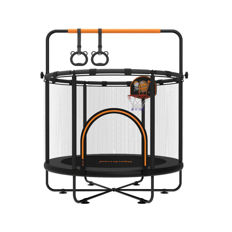 5 FT Monkey Bar Trampoline with basketball hoop and safety bars for kids