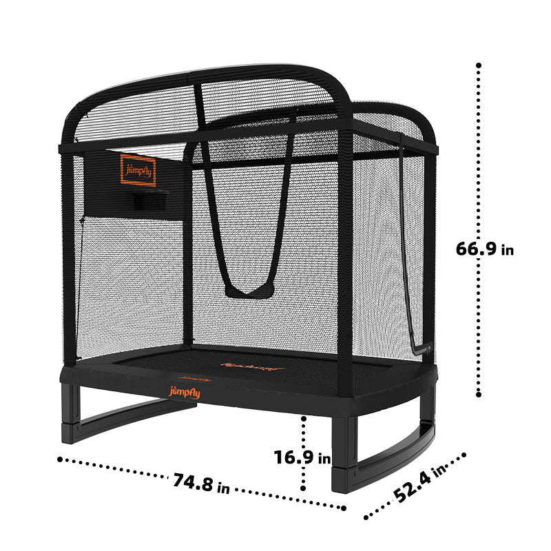 6FT toddler trampoline dimensions with swing and safety net for kids' outdoor play.