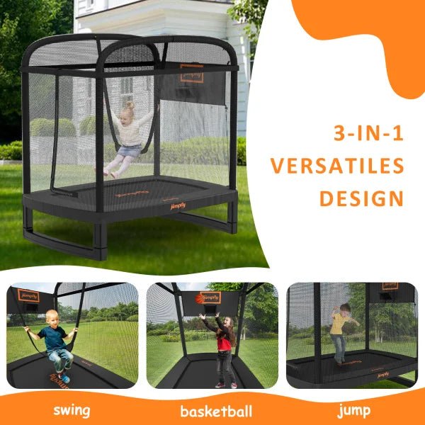 3-in-1 toddler trampoline with swing, basketball section, and jumping area outdoors.