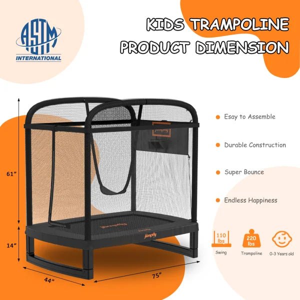 Dimensions of 6FT toddler trampoline with swing: 75" x 44" and safety features.