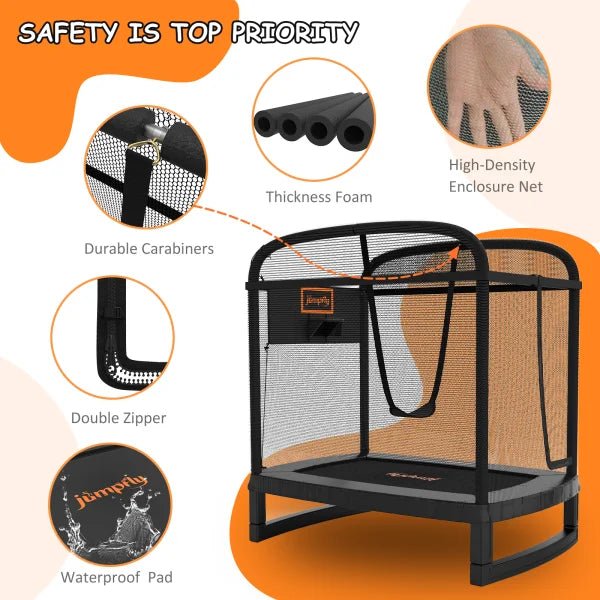 Safety features of 6FT toddler trampoline: carabiners, foam, net, waterproof pad.