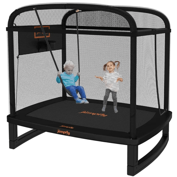 Kids bouncing on 6FT toddler trampoline with swing for fun outdoor playtime.