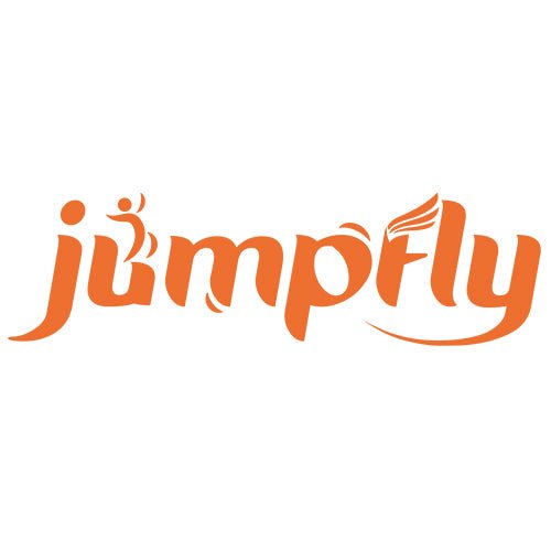 Jumpfly logo in orange with playful font and jumping figure