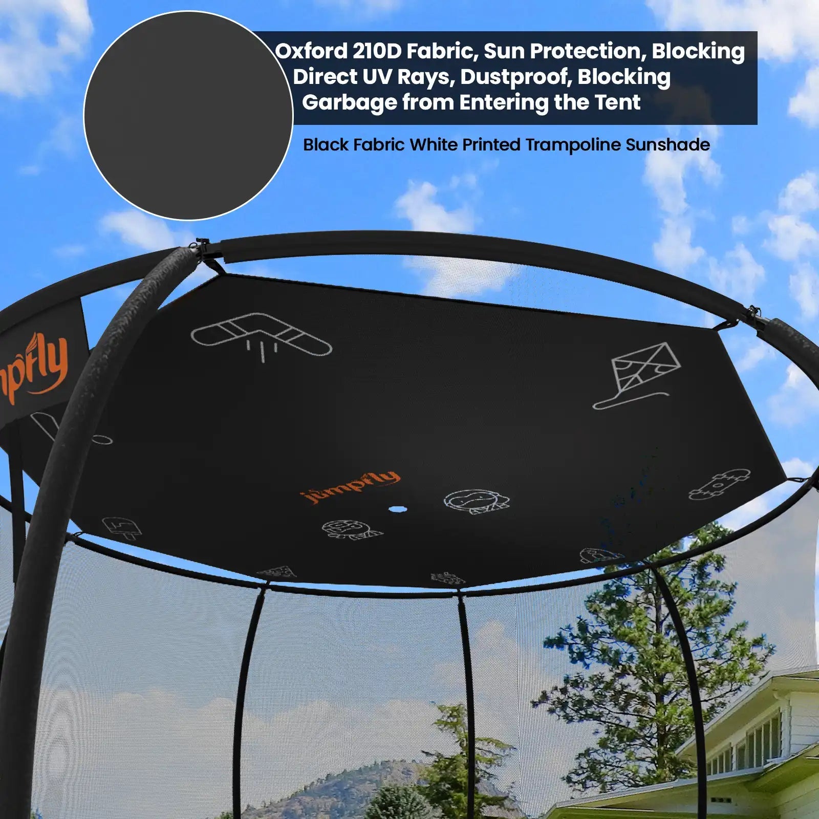 Trampoline shade cover in black with Jumpfly logo and icons, offering UV protection