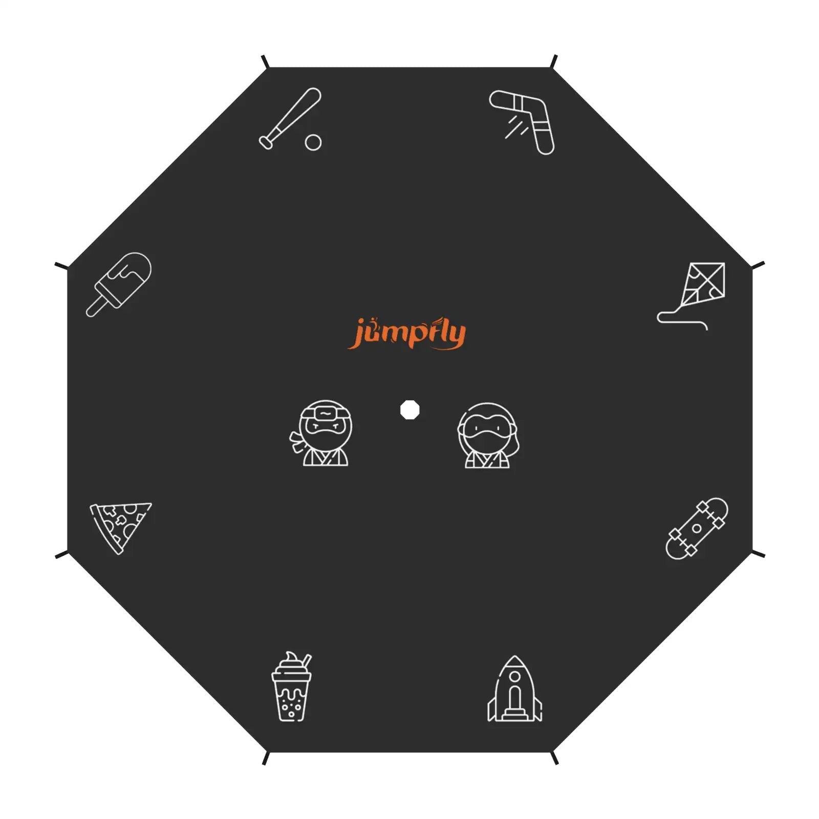 Jumpfly trampoline universal shade cover with fun icons and logo.