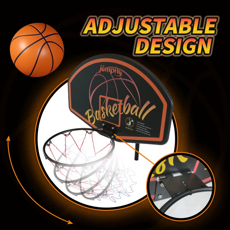 Jumpfly trampoline basketball hoop with adjustable design and basketball in mid-air