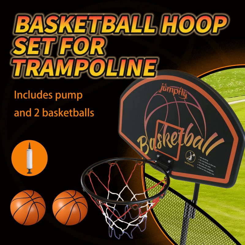 Trampoline basketball hoop set with two basketballs and pump for outdoor fun