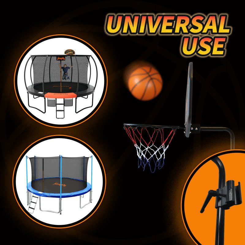 Adjustable Jumpfly trampoline hoop with player dunking and basketball in mid-air