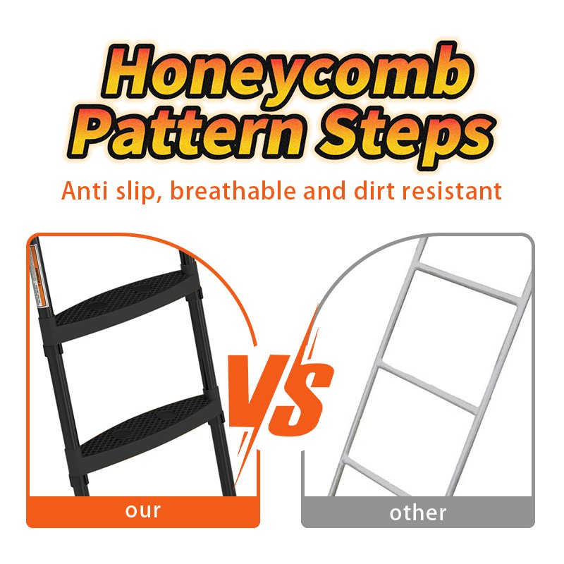 Comparison of trampoline ladder steps: honeycomb pattern vs. standard ladder design