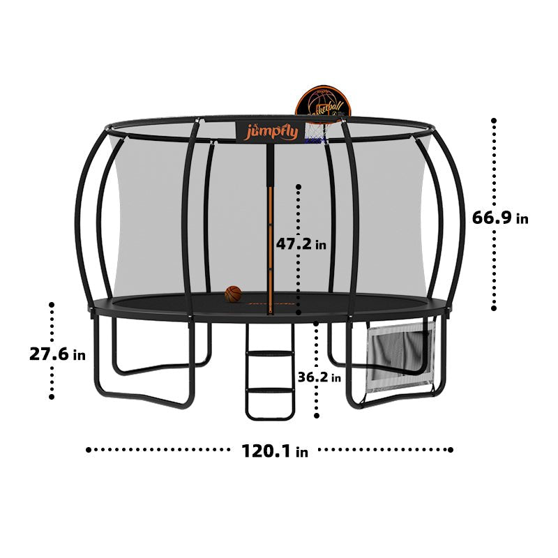 Dimensions of Jumpfly 8FT trampoline with basketball hoop and safety net.