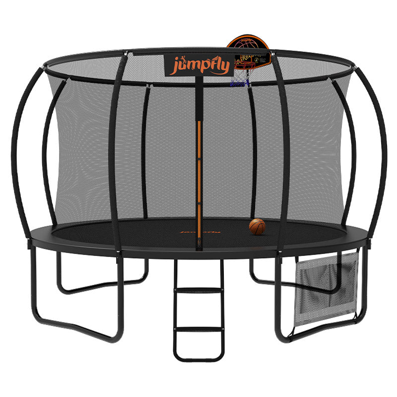 Jumpfly 8FT outdoor trampoline with basketball hoop and safety netting