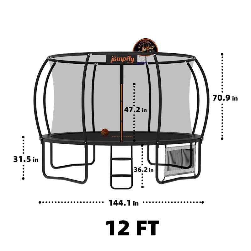 12FT trampoline by Jumpfly with safety net, ladder, and basketball hoop features