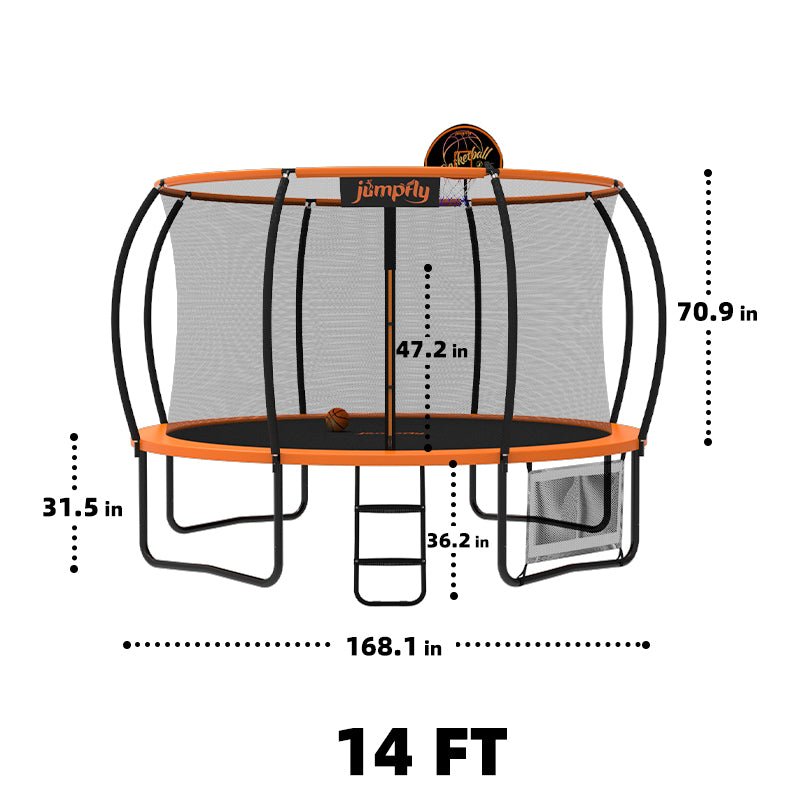 14FT Jumpfly trampoline with safety net and basketball hoop dimensions