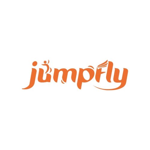 Jumpfly logo with a playful font and jumping figure