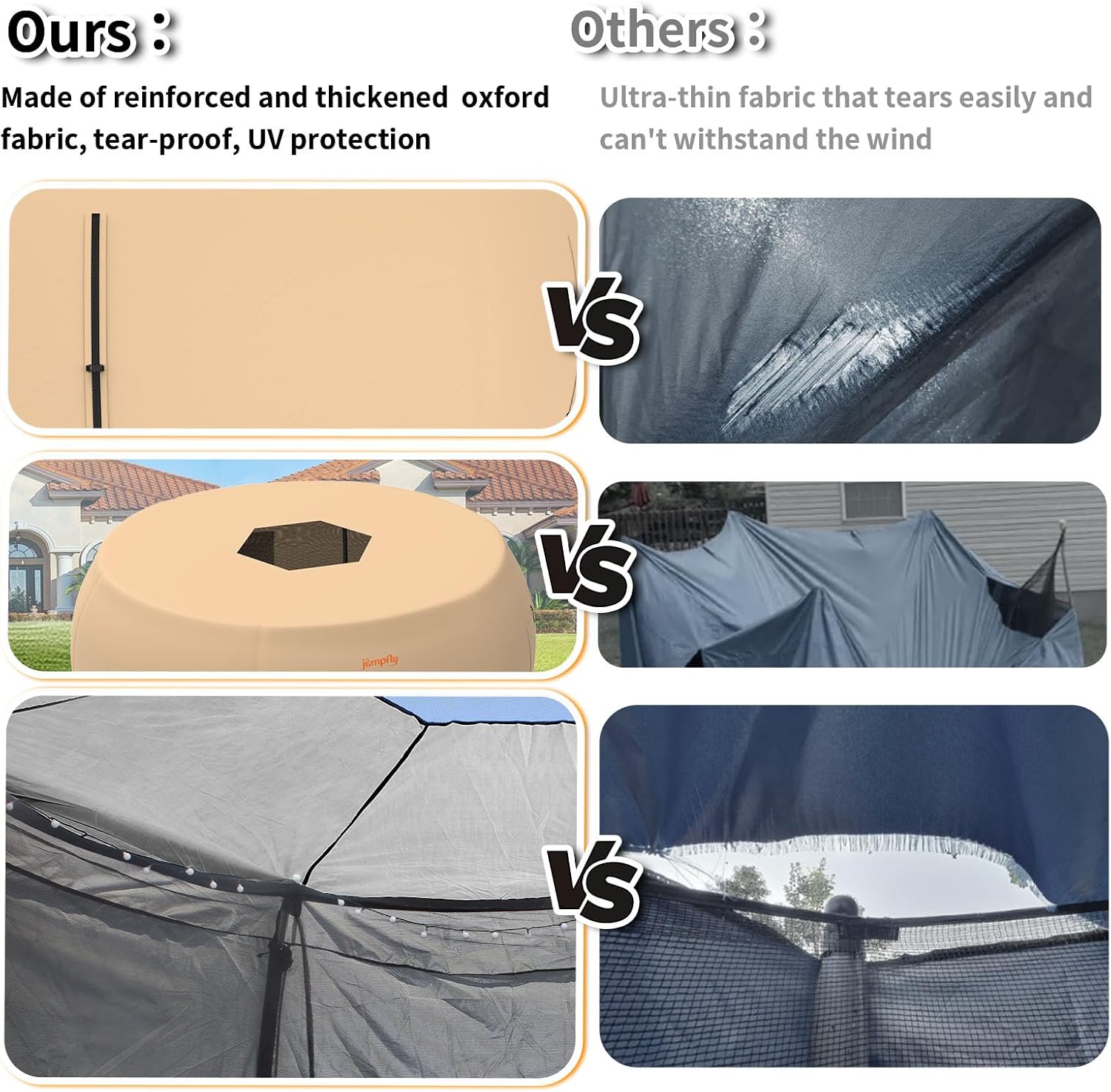 Durable trampoline tent vs. inferior fabric comparison with UV protection.