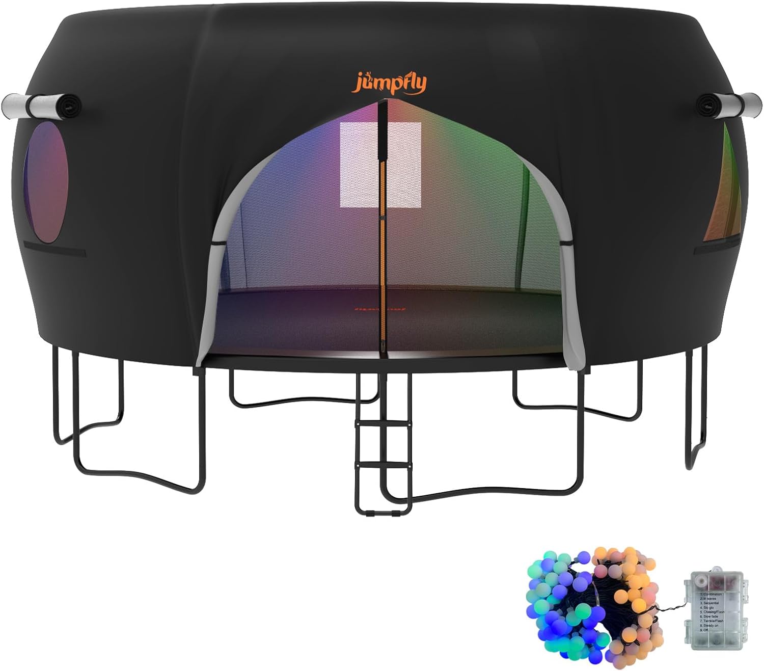 Trampoline tent with LED lights for 14FT trampoline, featuring windows and stable frame.