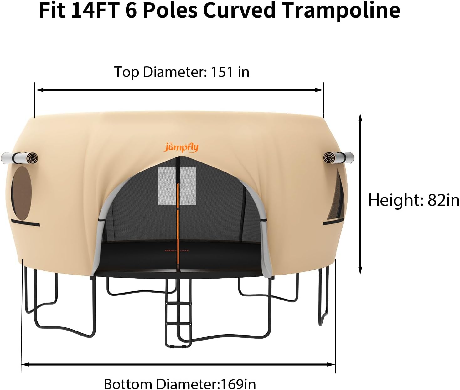 Dimensions of 14FT trampoline tent with curved design and stable frame.