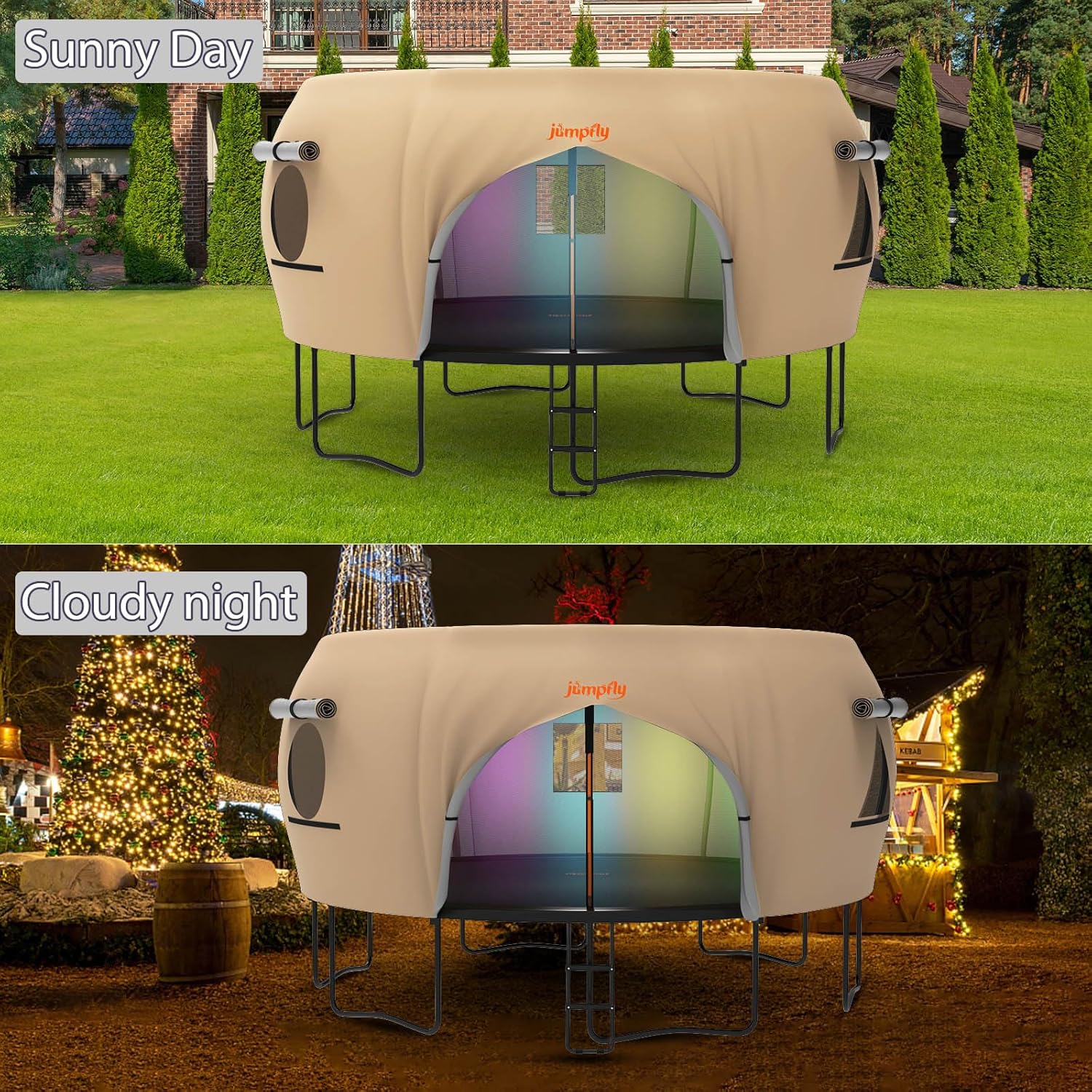 Trampoline tent for 14FT trampoline showcasing daytime and nighttime use.