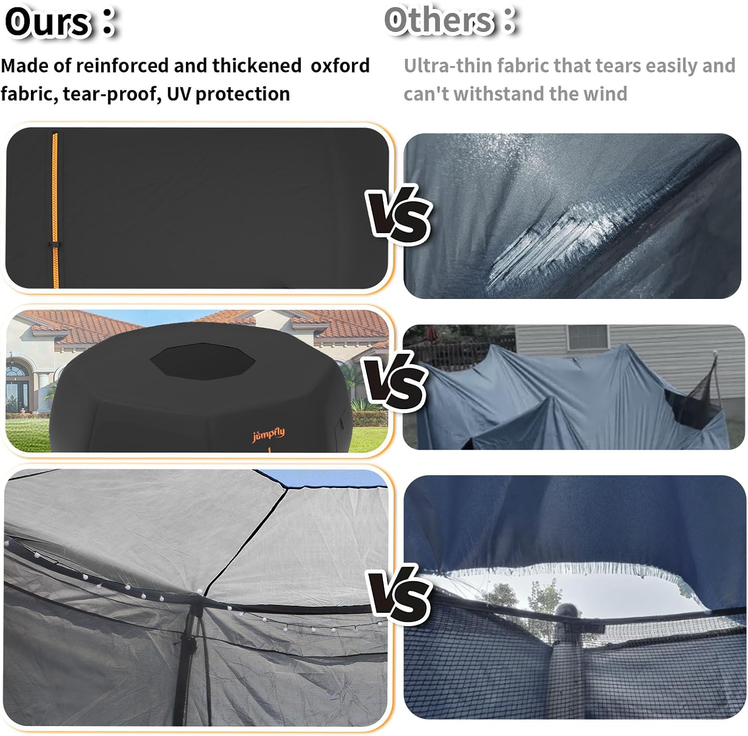 Durable Jumpfly trampoline tent fabric compared to weaker alternatives.