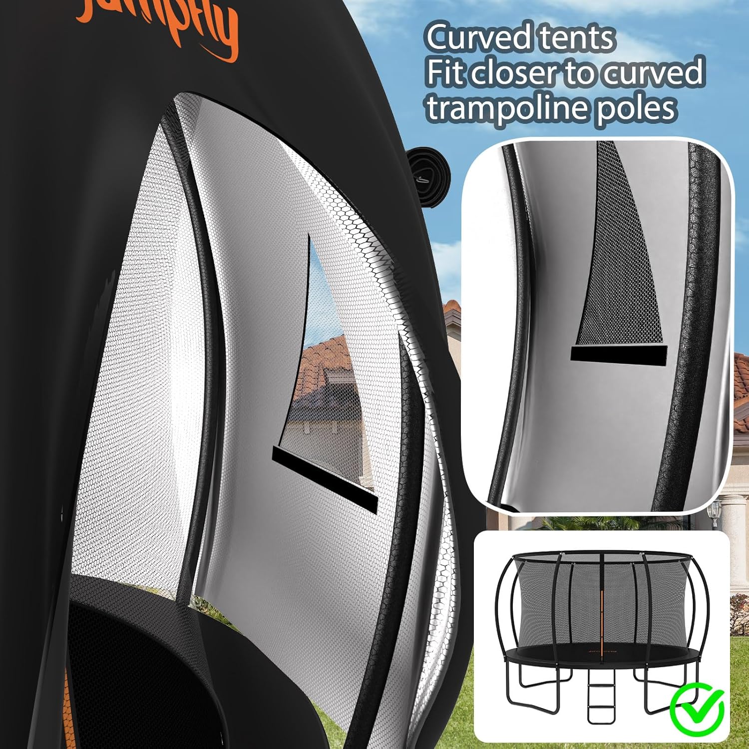 Close-up of Jumpfly trampoline tent's mesh window and curved pole design.