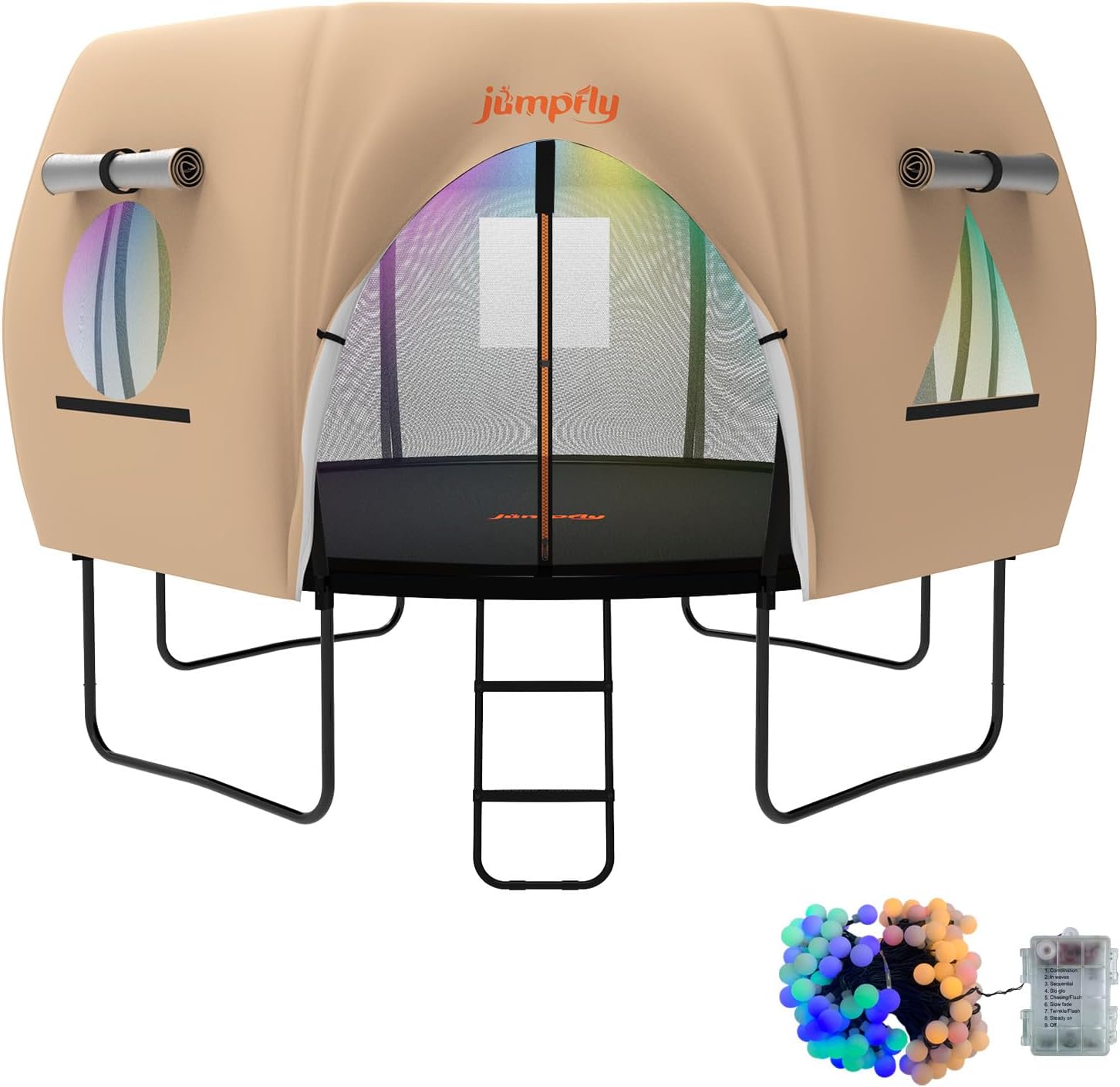 Jumpfly trampoline tent for 8 curved pole with ladder, safety net, and colorful LED lights.