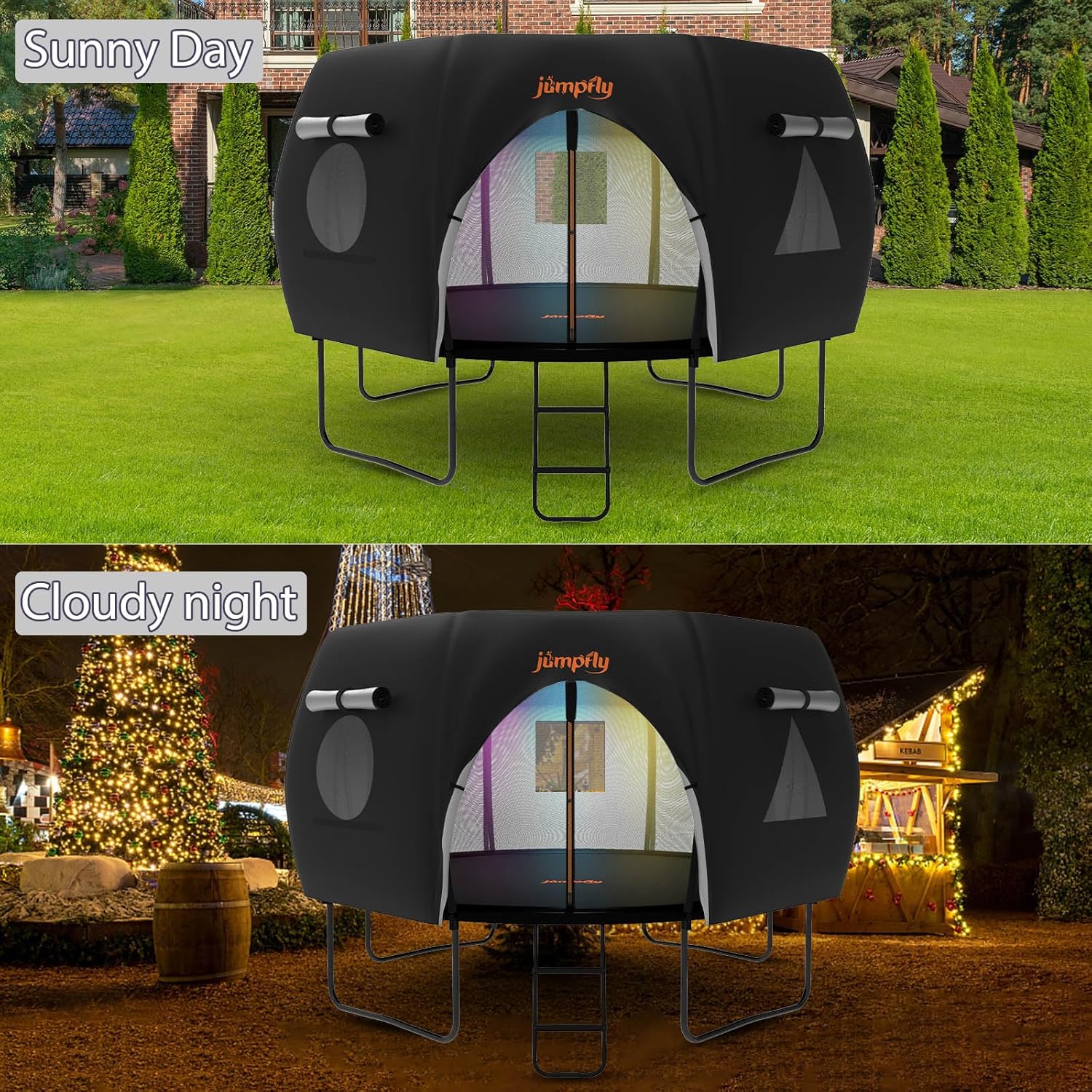 Jumpfly trampoline tent in sunny day and cloudy night settings with vibrant designs.