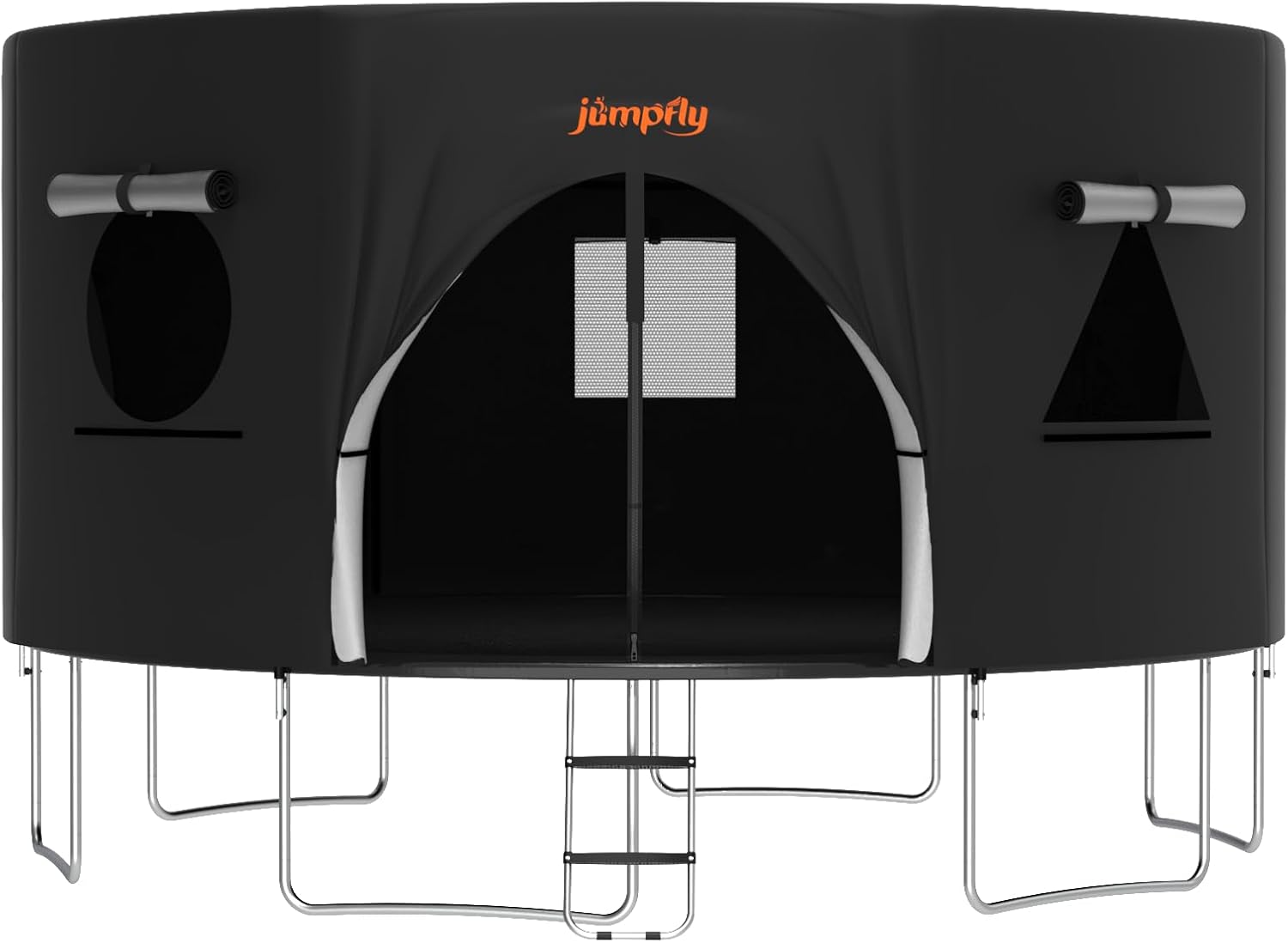 Black trampoline tent for straight poles with doors and windows, enhancing outdoor fun.