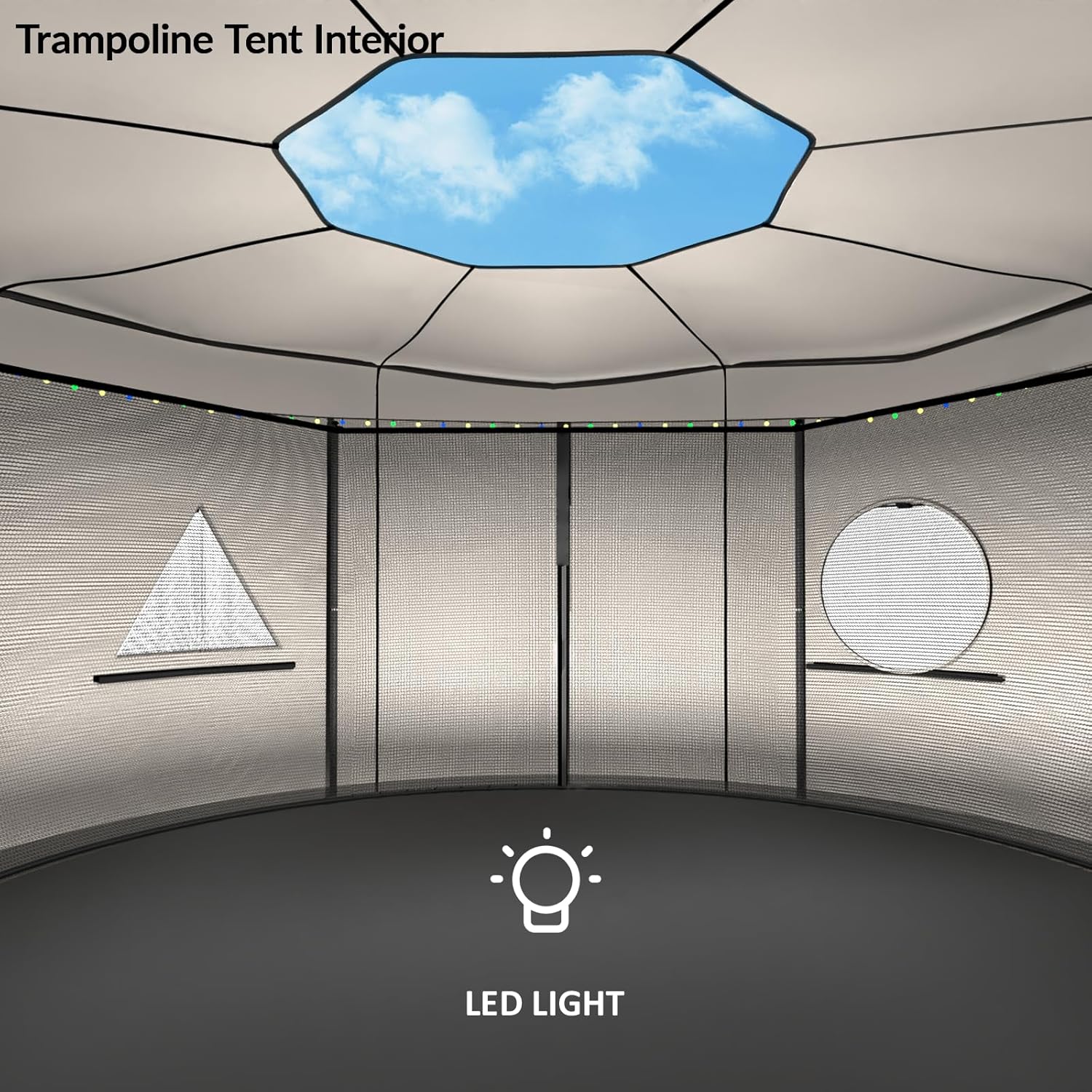 Interior of trampoline tent with LED lights, windows, and hexagonal ceiling.