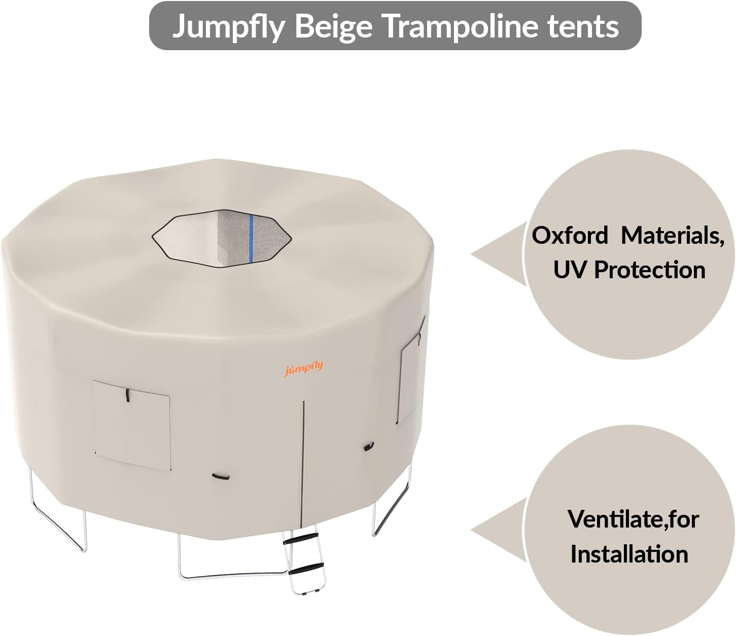 Beige trampoline tent for straight pole models with installation and ventilation features.