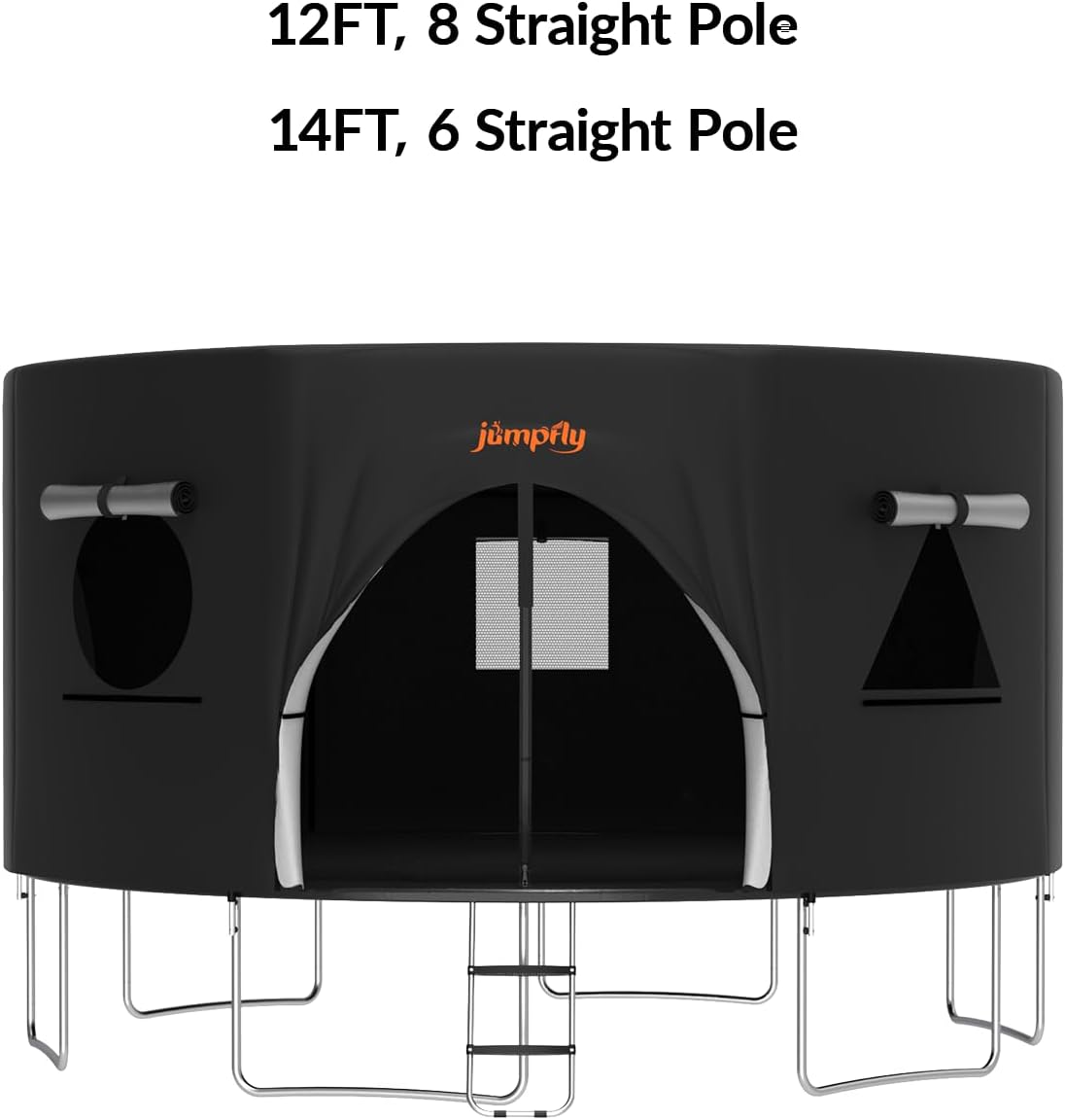 Trampoline tent for straight pole models with windows and door, black design.