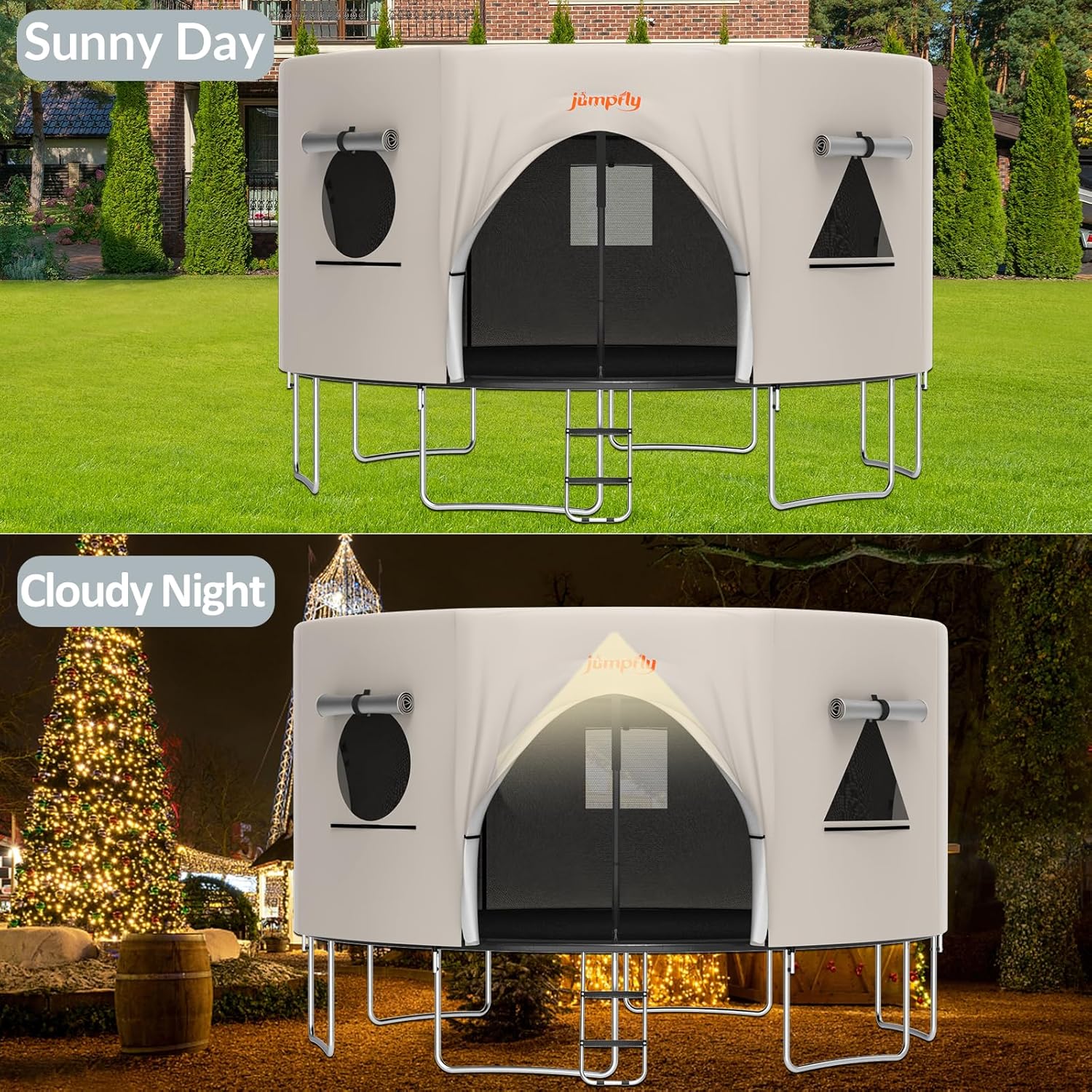 Trampoline tent for straight poles featuring windows, door, and nighttime lights.