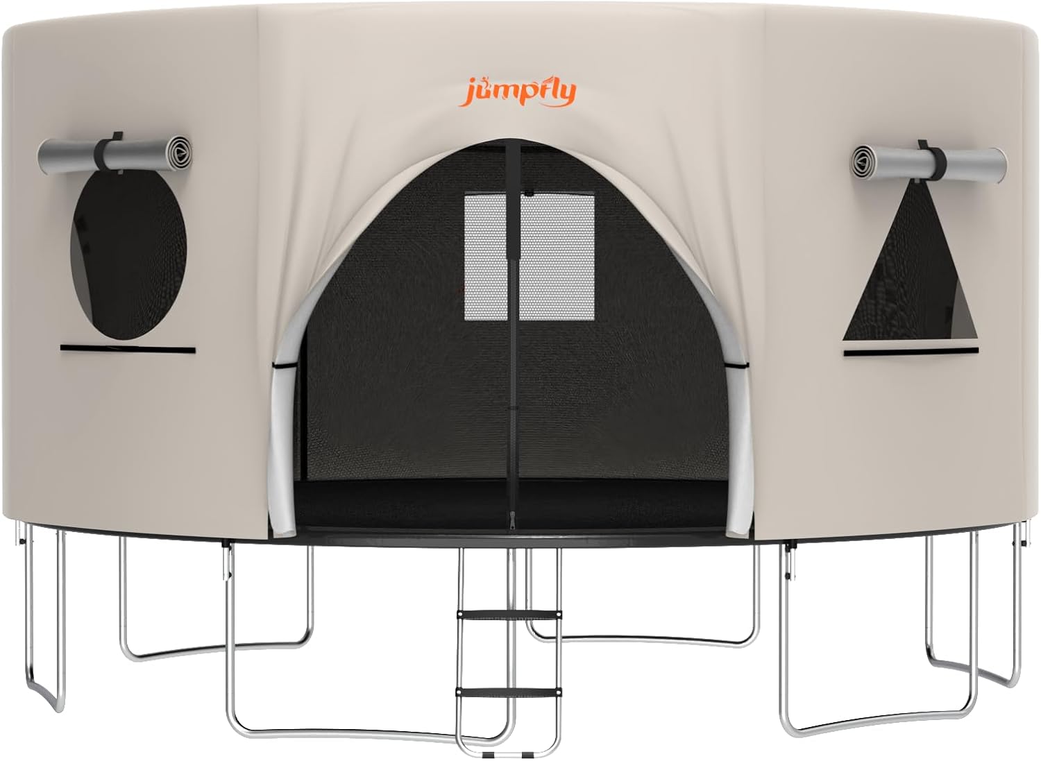 Trampoline tent for straight pole round trampoline with windows and door.