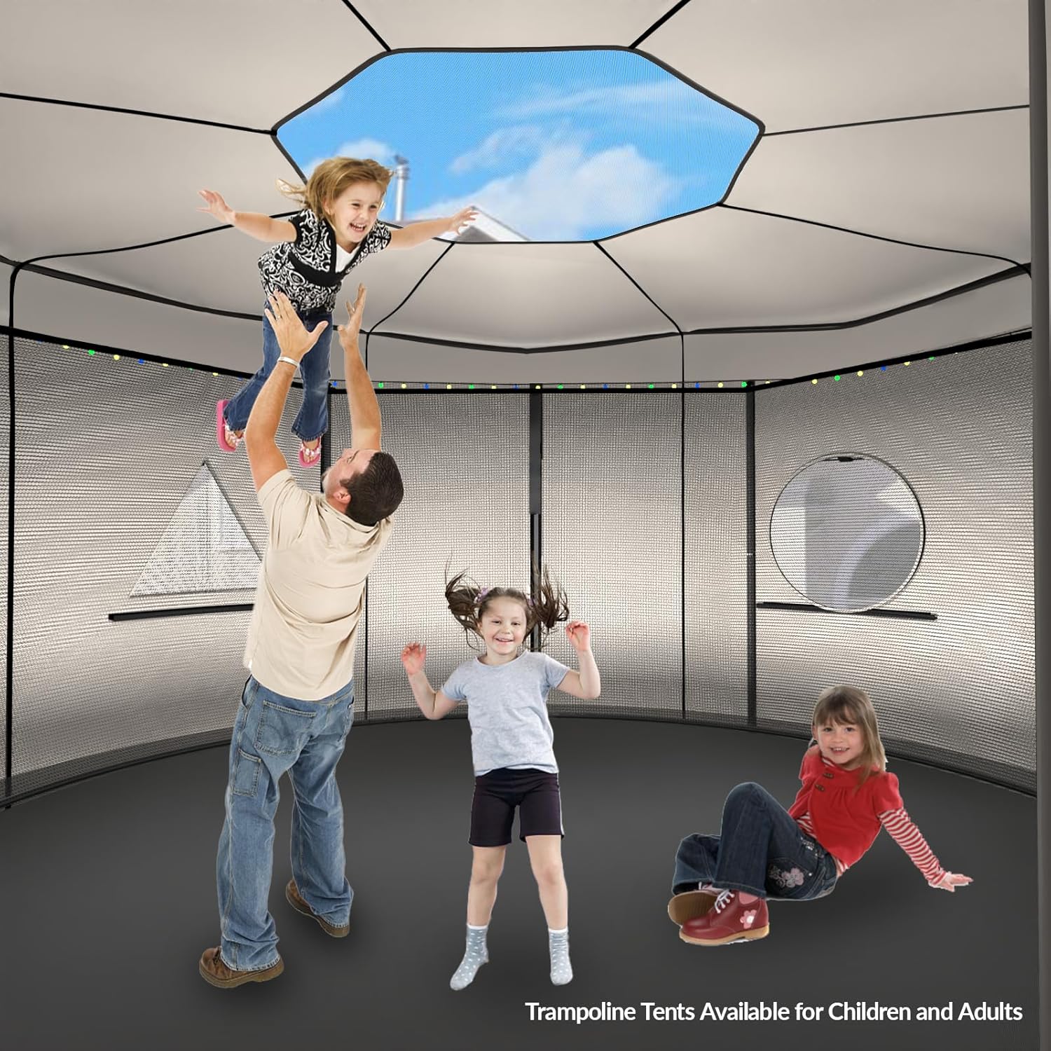 Children playing inside a trampoline tent with a parent; features windows and lights.